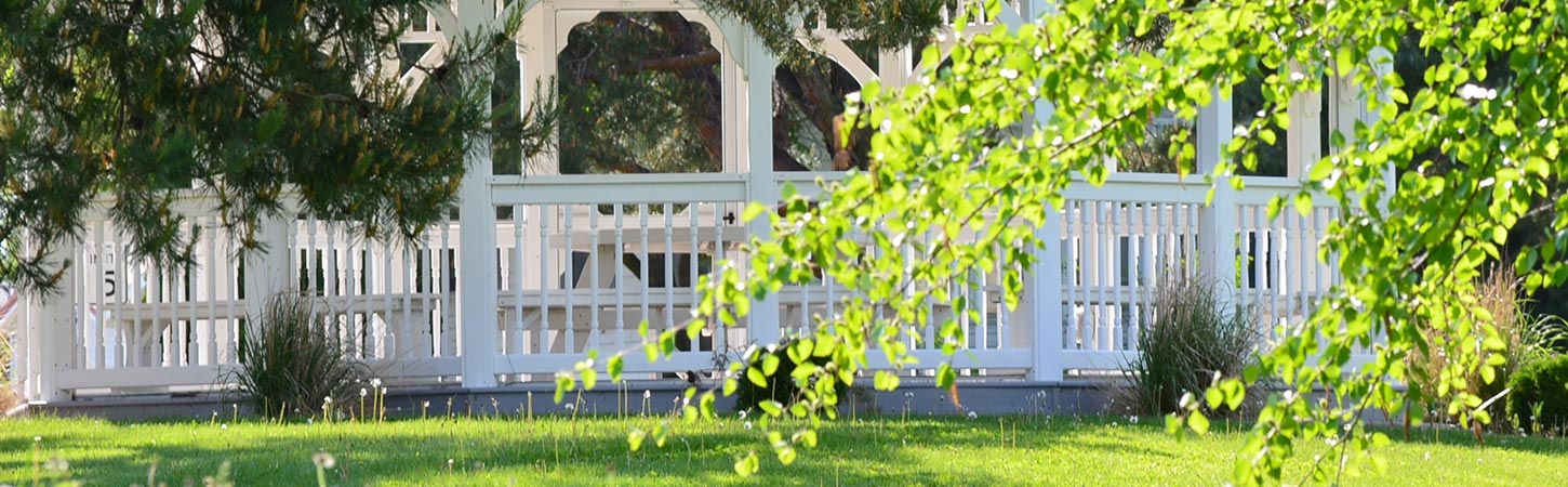 A gazebo in sunlight with bright green trees